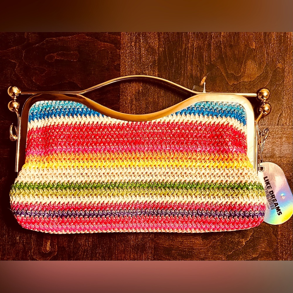 LIKE DREAMS NWT Rainbow Woven Evening Clutch Crossbody Bag Gold Hardware